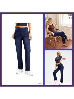 Women's Stretchy Pull On High Waisted Straight Leg Jeans 5 Pockets